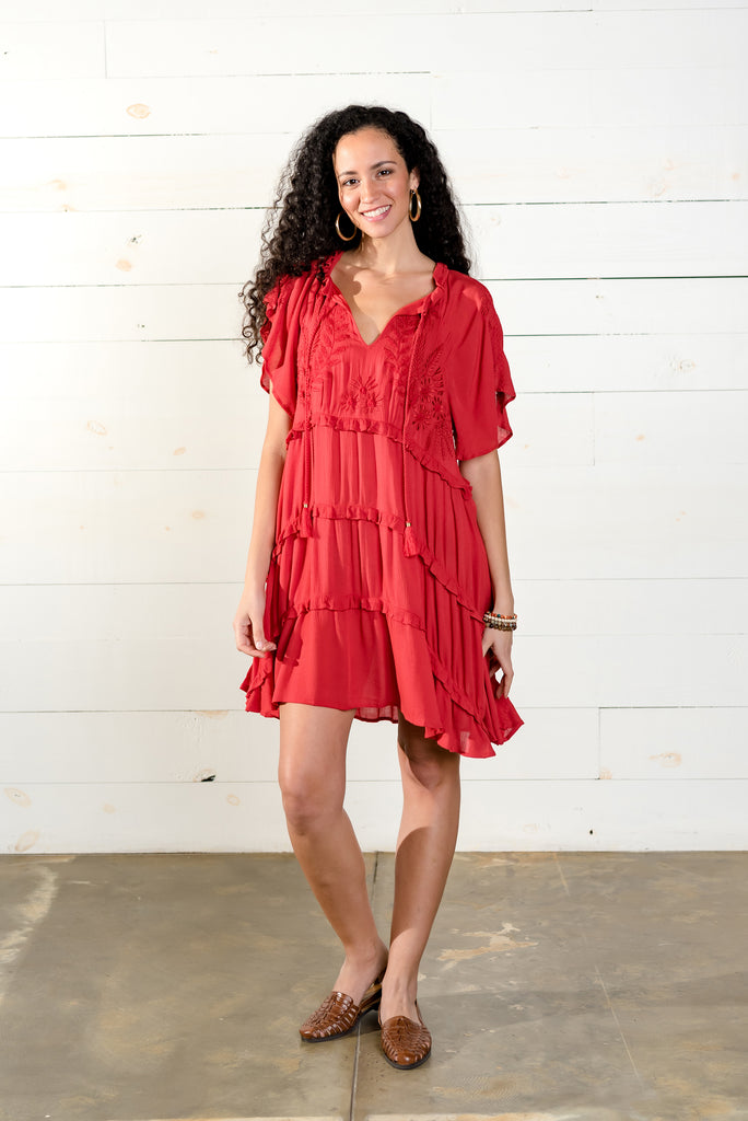 Embroidered Ruffle Red Dress