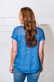 Chambray V-Neck Roll Sleeve Linen Top