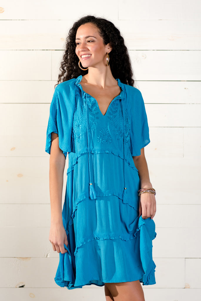 Embroidered Ruffle Ocean Blue Dress