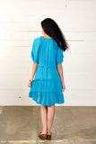 Embroidered Ruffle Ocean Blue Dress