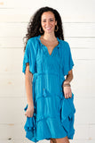 Embroidered Ruffle Ocean Blue Dress