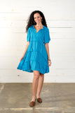 Embroidered Ruffle Ocean Blue Dress