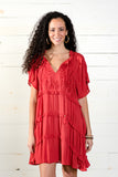 Embroidered Ruffle Red Dress