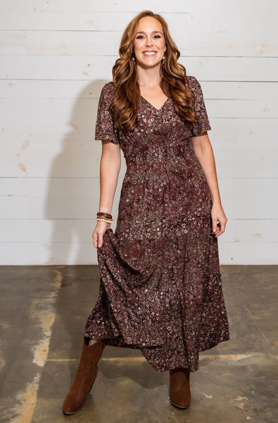 Short Sleeve Maxi Dress in Mauve Floral Batik