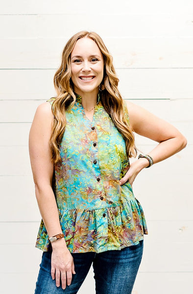 Sleeveless Button Front Flounce Top