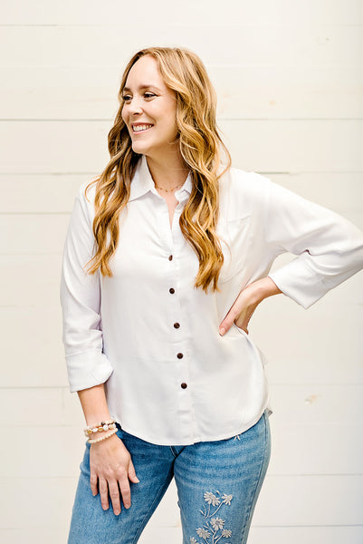 Long Sleeve Button Front Blouse in White