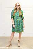 Roll Sleeve Swing Dress in Teal and Gold Batik