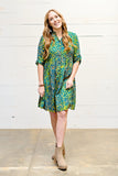 Roll Sleeve Swing Dress in Teal and Gold Batik
