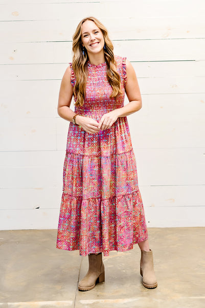 Ruffle Trim Smock Top Midi Dress In Red/Blue Batik
