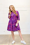 Roll Sleeve Swing Dress in Purple and Coral Batik