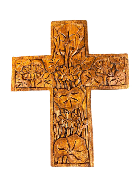 Balsa Wood Cross with Hand Carved Flowers